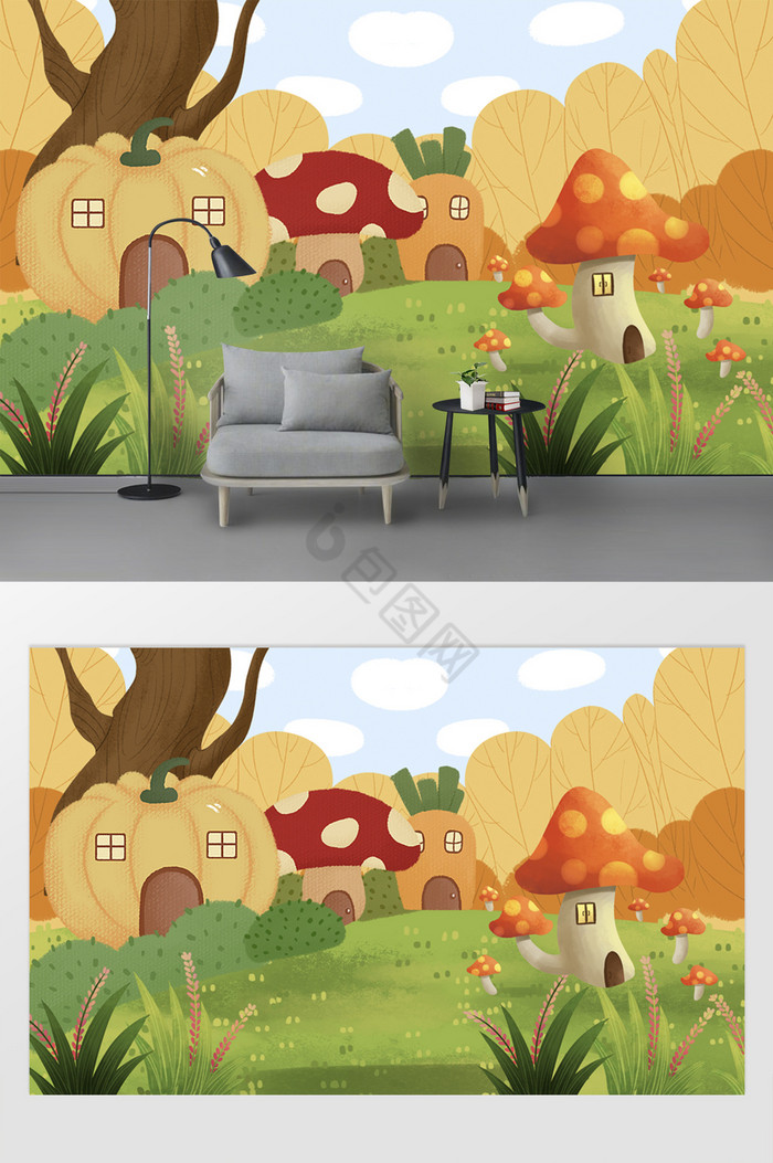 现代卡通树林中南瓜屋蘑菇屋儿童房背景墙图片