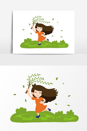 手绘奔跑的小女孩元素设计