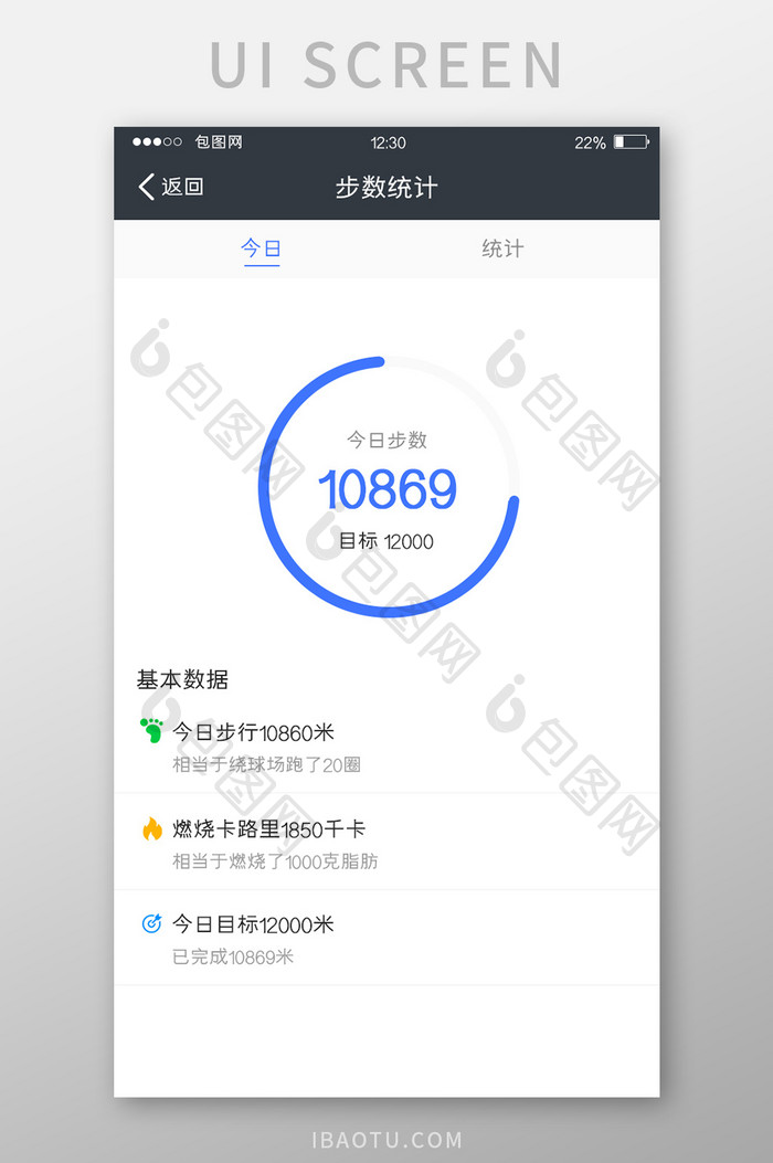 蓝色扁平运动APP今日步数UI移动界面