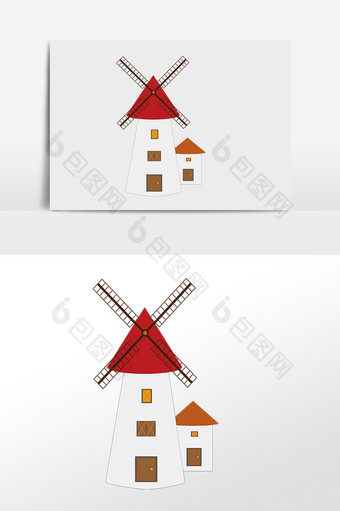 手绘现代建筑白色风车房子插画图片