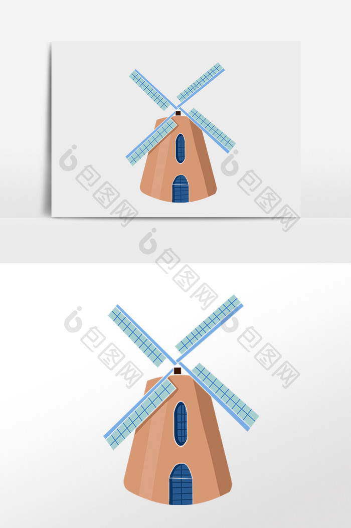 手绘卡通黄色建筑风车蓝色风扇插画