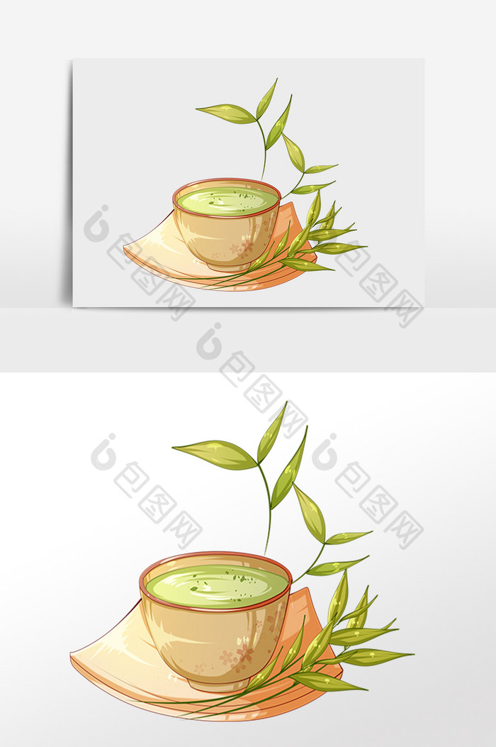 手绘茶文化茶具茶碗绿茶叶插画