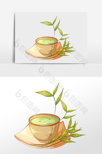 手绘茶文化茶具茶碗绿茶叶插画图片