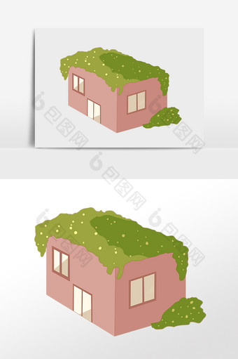 手绘卡通绿色房顶建筑房子插画图片