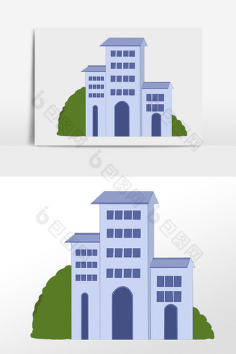手绘卡通蓝色高楼楼房建筑插画图片
