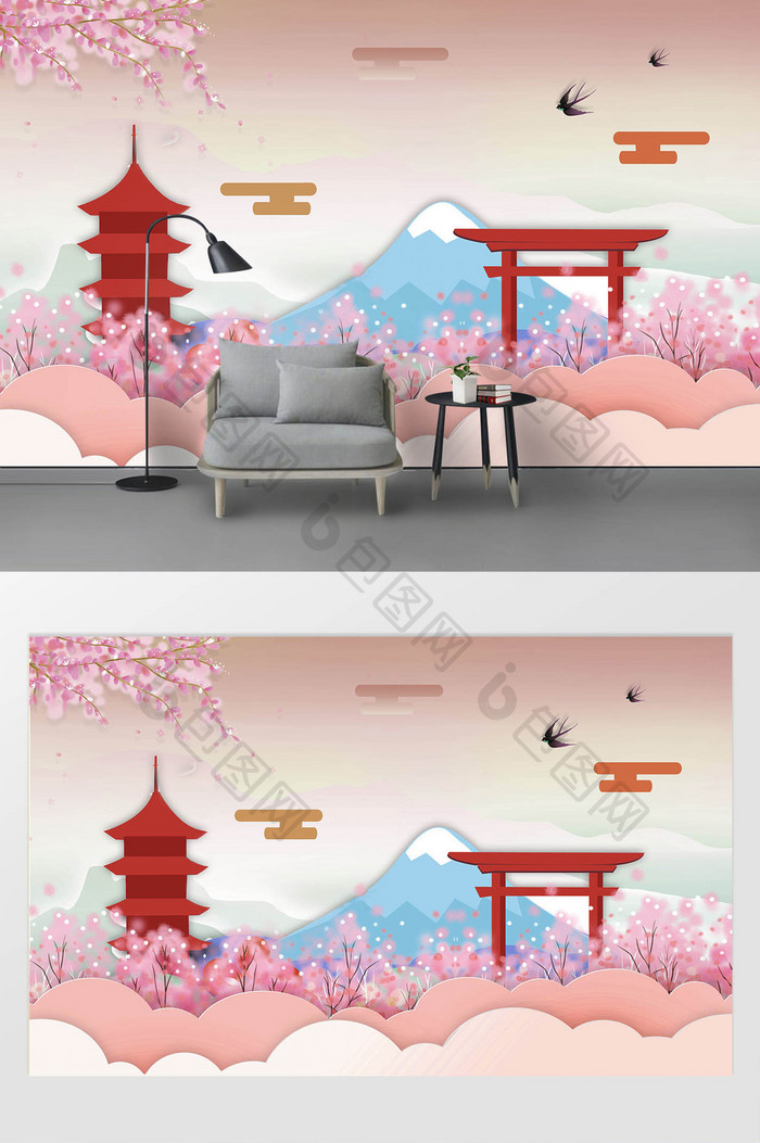 新现代简约手绘樱花林立体高塔富士山背景墙