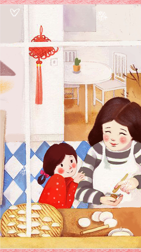 冬至唯美手绘gif插画母亲孩子包饺子图片