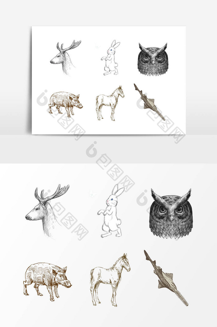 手绘线描动物设计元素