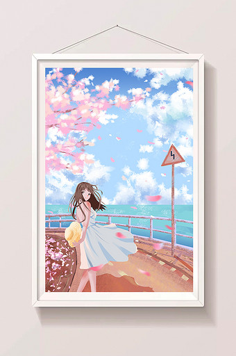 清新唯美樱花节少女花瓣粉色海边插画图片