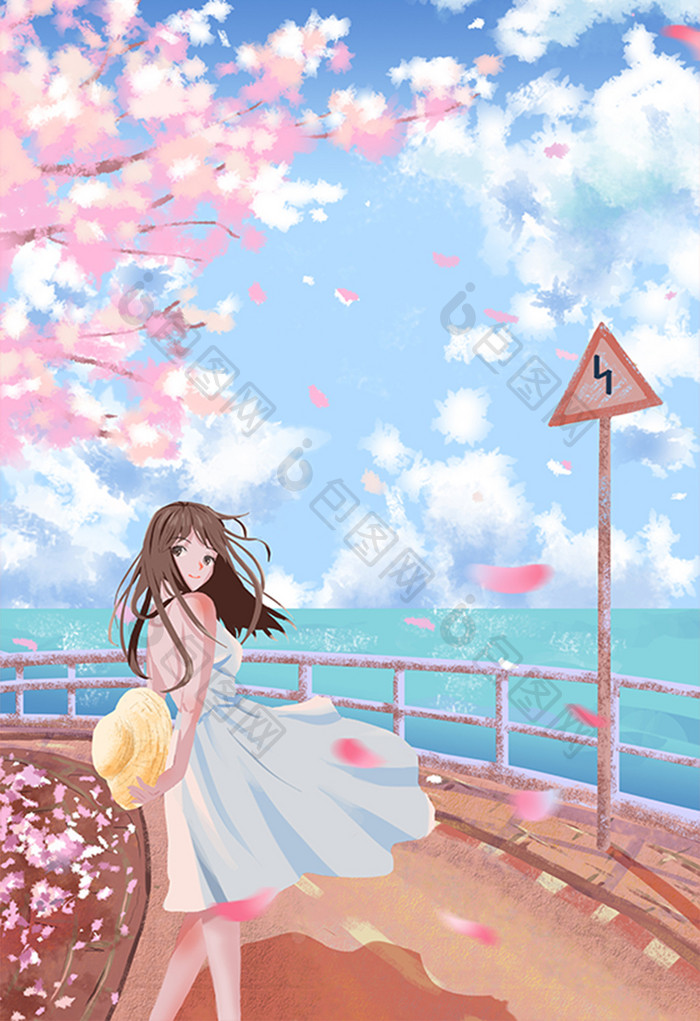 清新唯美樱花节少女花瓣粉色海边插画