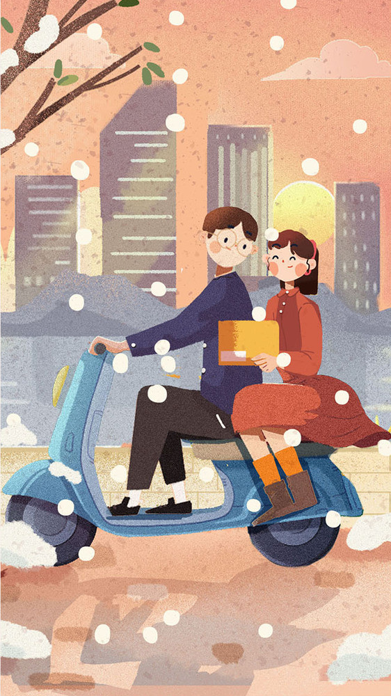 大寒雪景城市风景情侣骑车恋爱gif插画图片