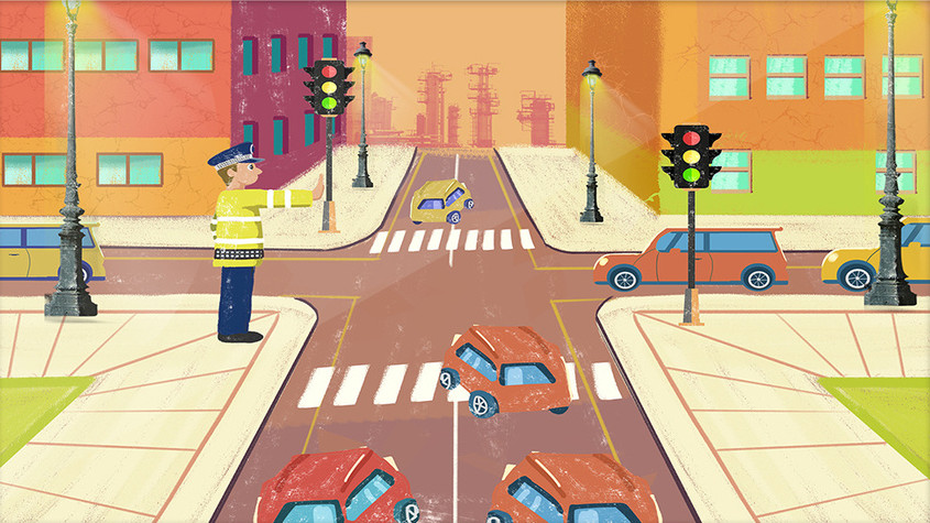 交警卡通十字路口红绿灯唯美手绘gif