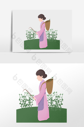 手绘端午节女孩割艾草插画图片