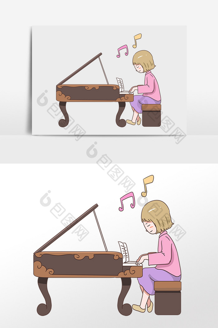 手绘卡通弹钢琴小女孩插画
