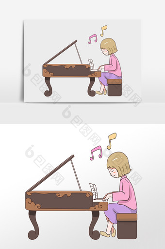 手绘卡通弹钢琴小女孩插画图片