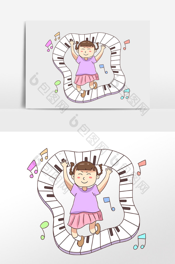 手绘可爱女孩弹奏钢琴插画