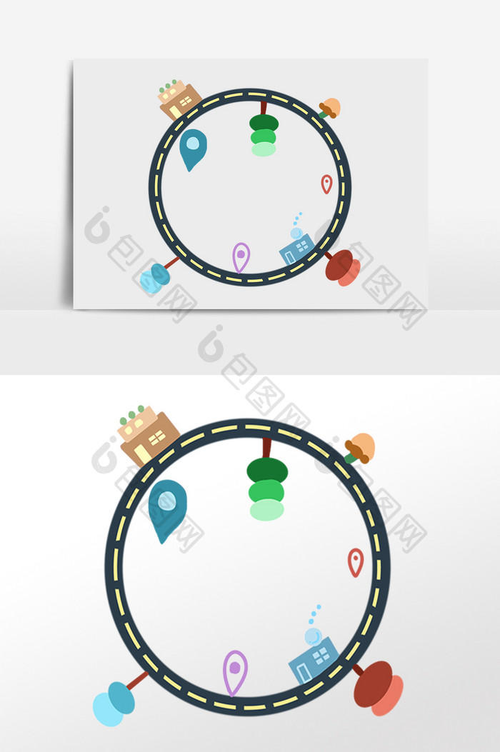 手绘圆形转盘公路马路建筑插画