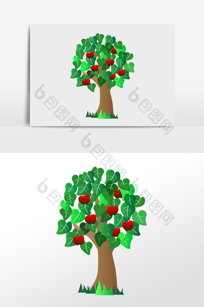 手绘春季绿色植物果树树木插画