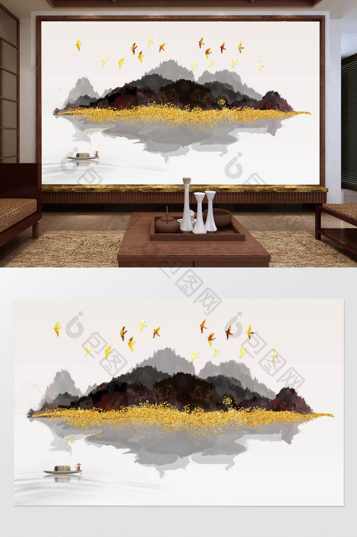 禅意山水风景画背景墙装饰壁画