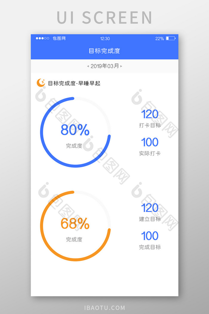 蓝色扁平目标APP目标完成度UI界面