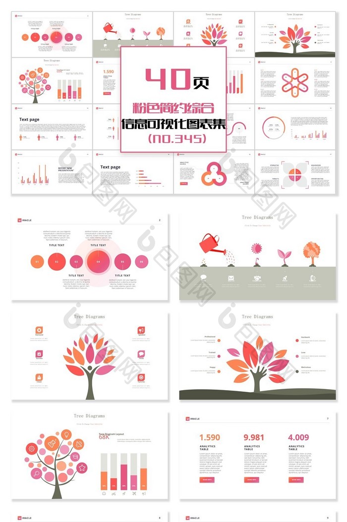 40页粉色简约综合信息可视化PPT图表