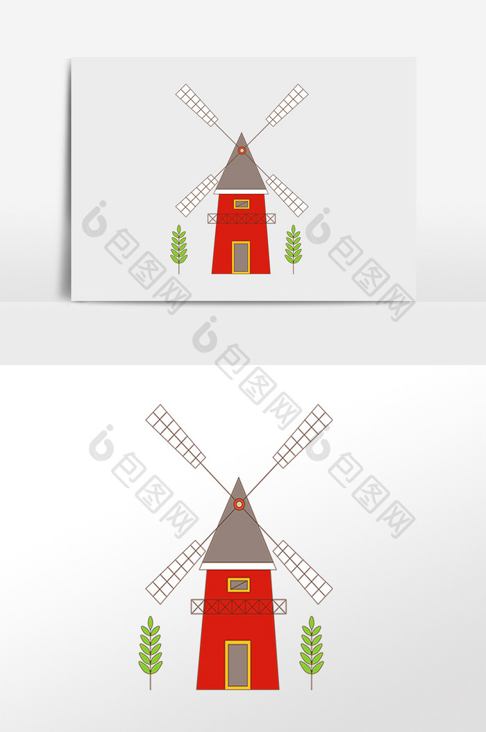 手绘卡通建筑房子风车插画