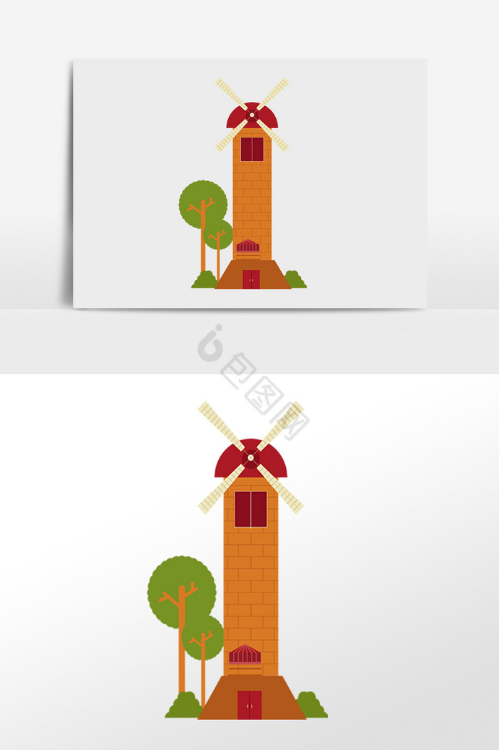建筑风车房子插画图片