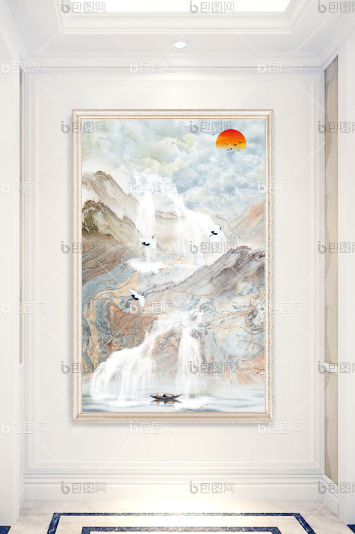 【新中式高山流水大理石纹国画玄关墙】图片下载-包图网