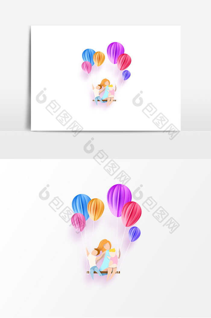 彩色妈妈跟小孩坐气球图片图片