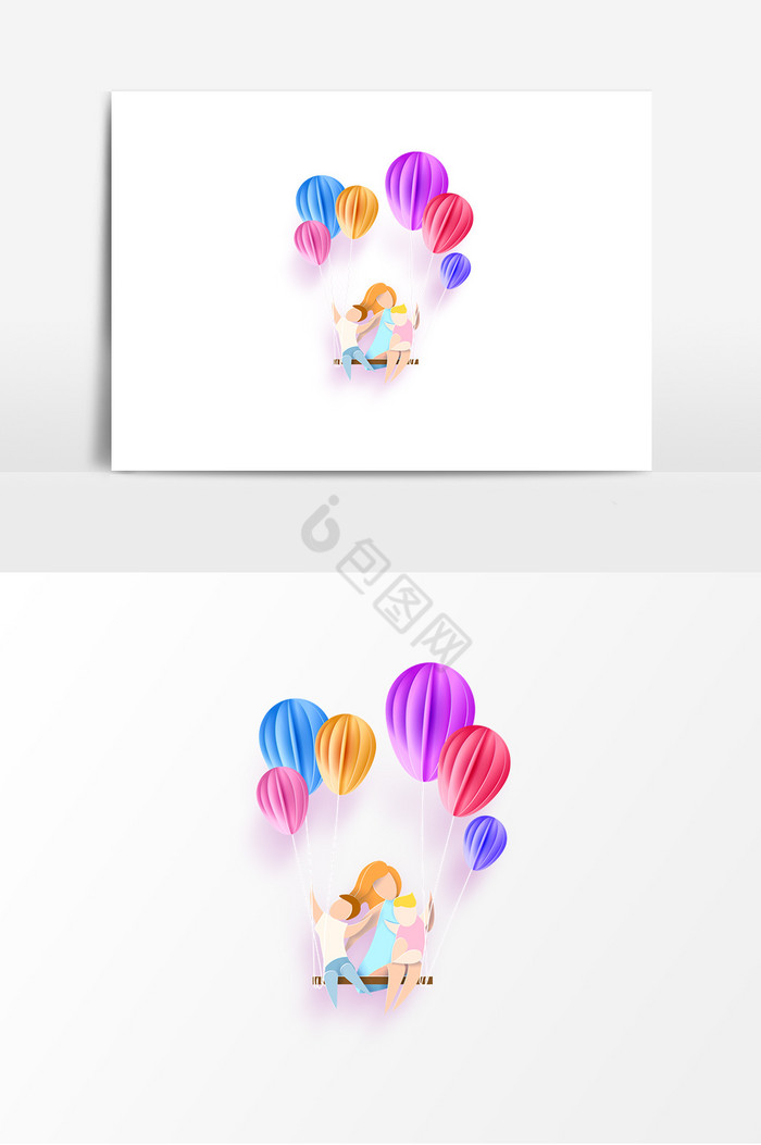 彩色妈妈跟小孩坐气球图片