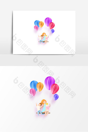 立体彩色妈妈跟小孩坐气球元素图片