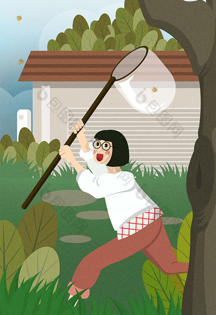 立夏节气女孩捕虫子插画图片