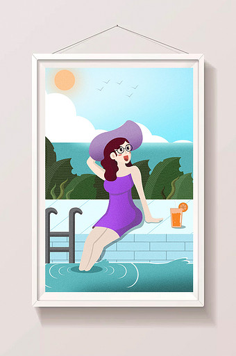 清爽立夏女孩坐在海边泳池边插画图片