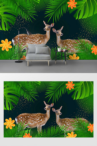 北欧清新热带植物绿色树叶梅花鹿背景墙图片