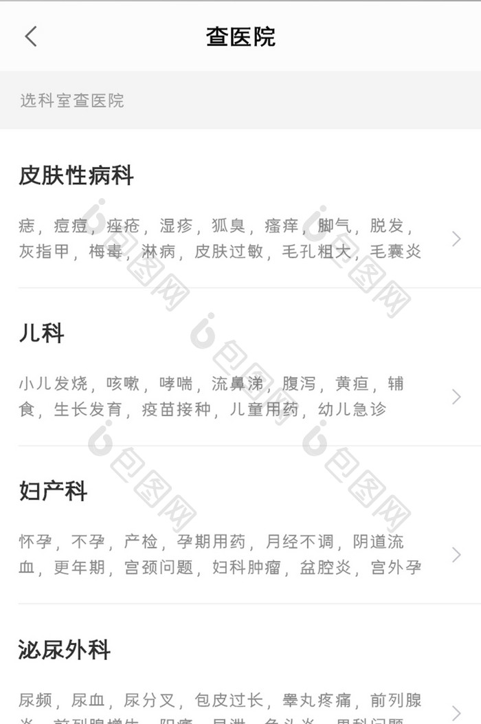 线上医院APP科室列表UI移动界面