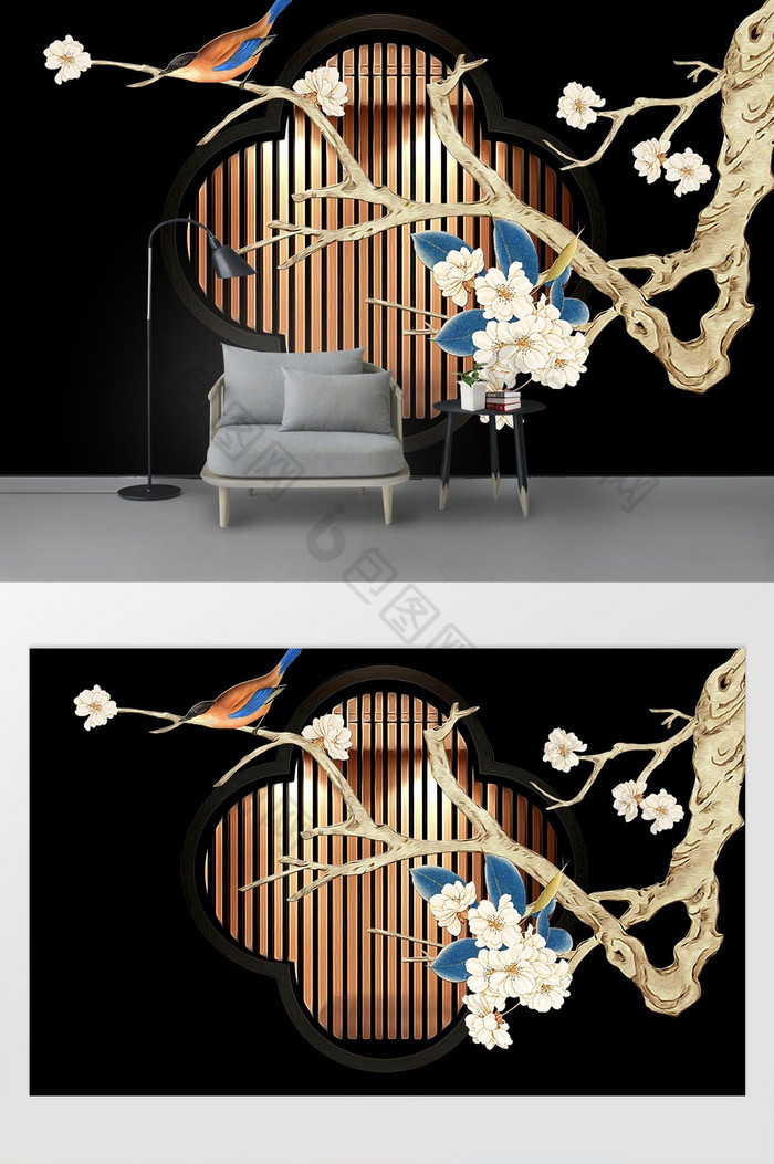 新中式花鸟工笔画电视背景墙图片图片