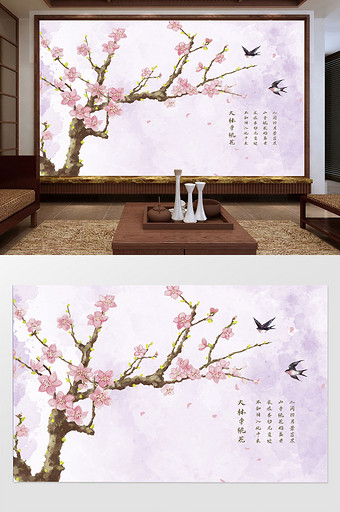 新中式手绘花鸟桃花壁画背景墙图片