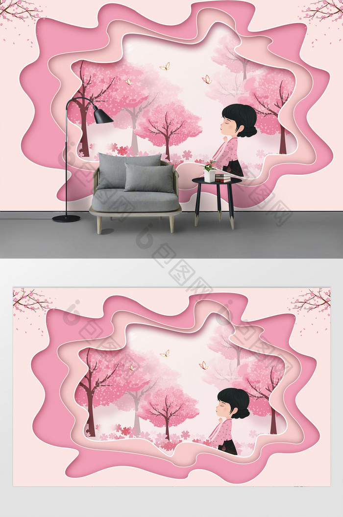 现代手绘唯美樱花树女孩粉色花瓣温馨背景墙