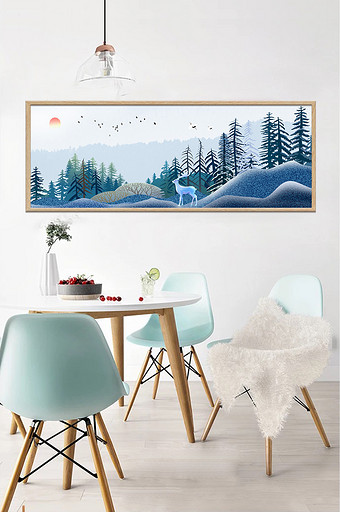 北欧树林远山风景麋鹿客厅装饰画图片