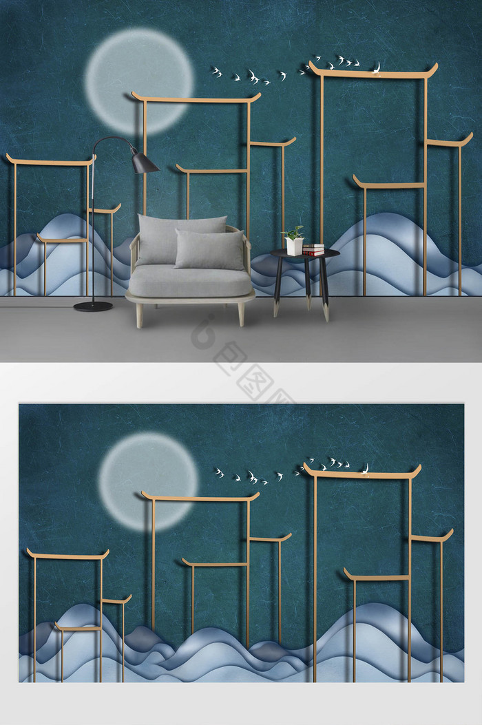 新现代创意手绘月亮飞鸟立体山水背景墙图片