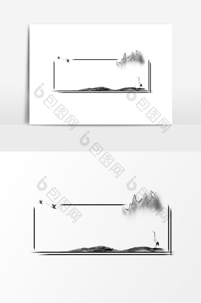 仙鹤飞鸟山峰水墨边框元素