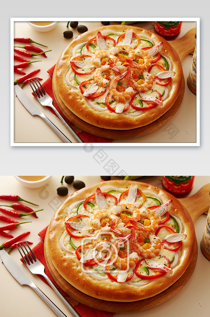 西餐美食海鲜匹萨摄影图