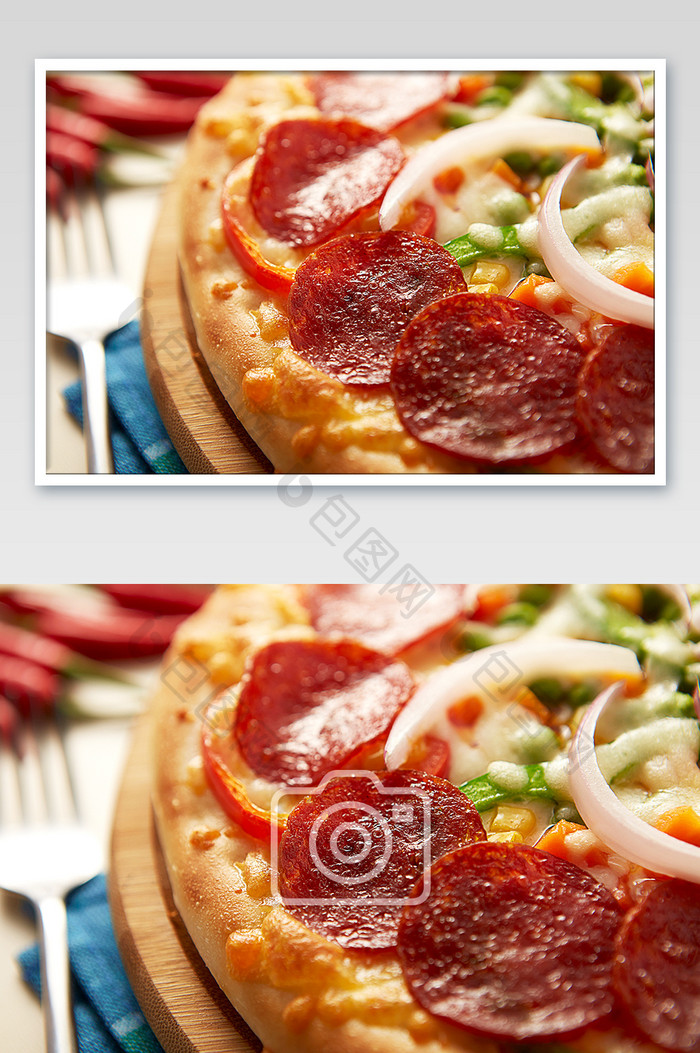 高清西餐美食萨拉米匹萨细节摄影图