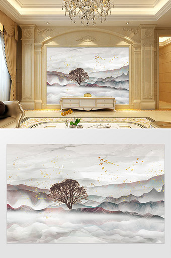 大气意境山水大理石山水壁画背景墙图片
