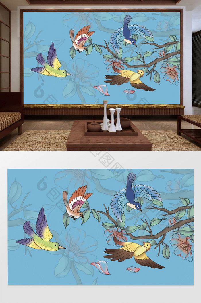 新中式古典手绘花鸟花枝素雅国潮电视背景墙