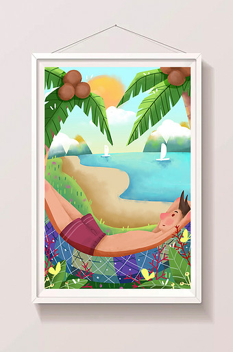 卡通扁平海滩度假旅游夏日椰树插画图片