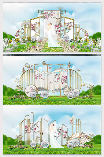 清新浅色系喜鹊梅花草坪中式婚礼效果图图片