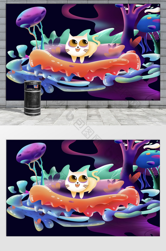 多彩手绘糖果渐融蘑菇森林猫猫网红背景墙图片图片