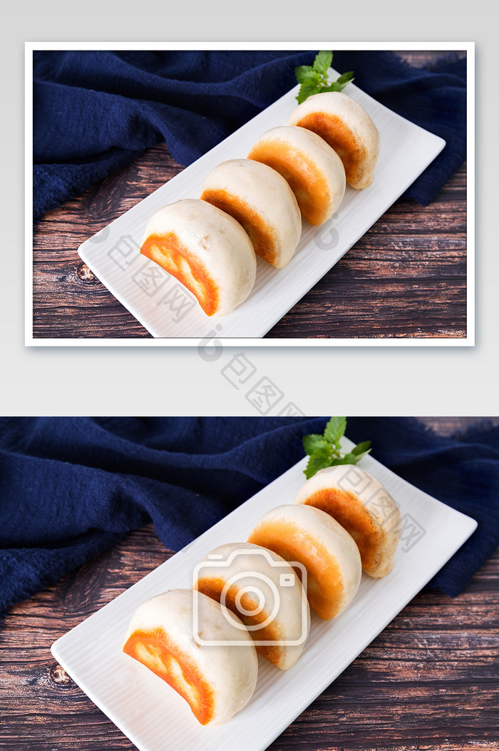锅饺煎饺一份一碟特写细节特色小吃摄影图