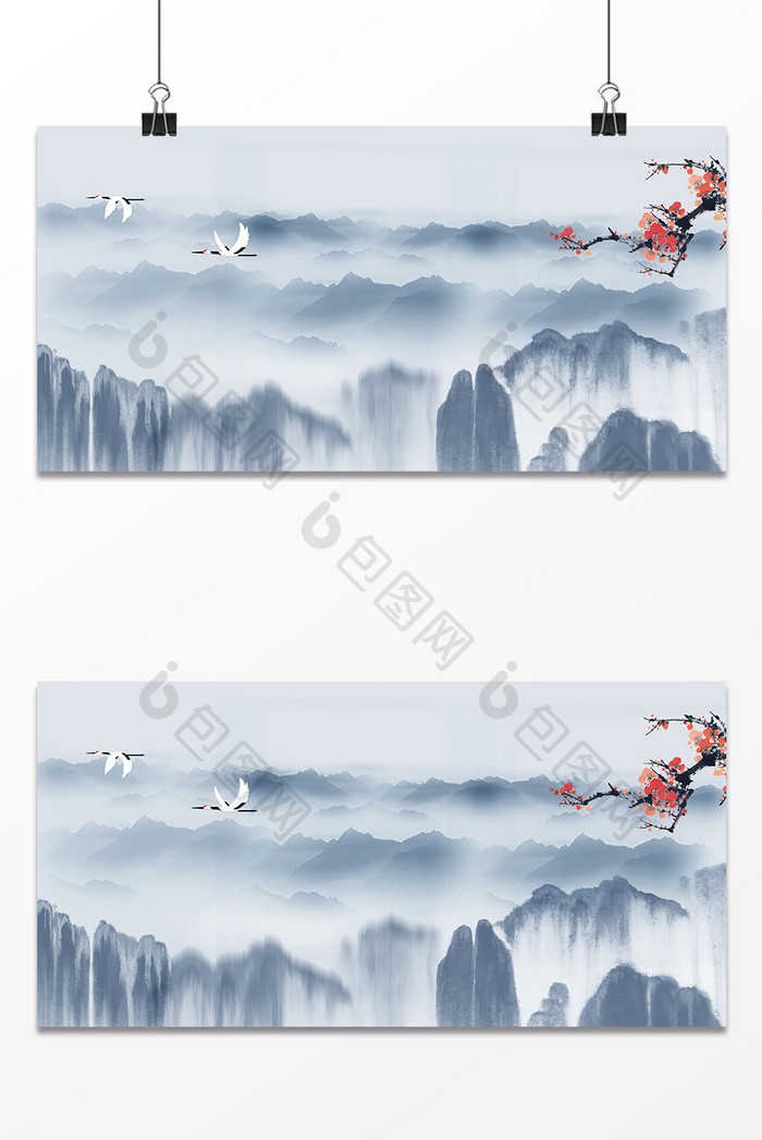 中国风水墨山水梅花仙鹤客厅装饰画